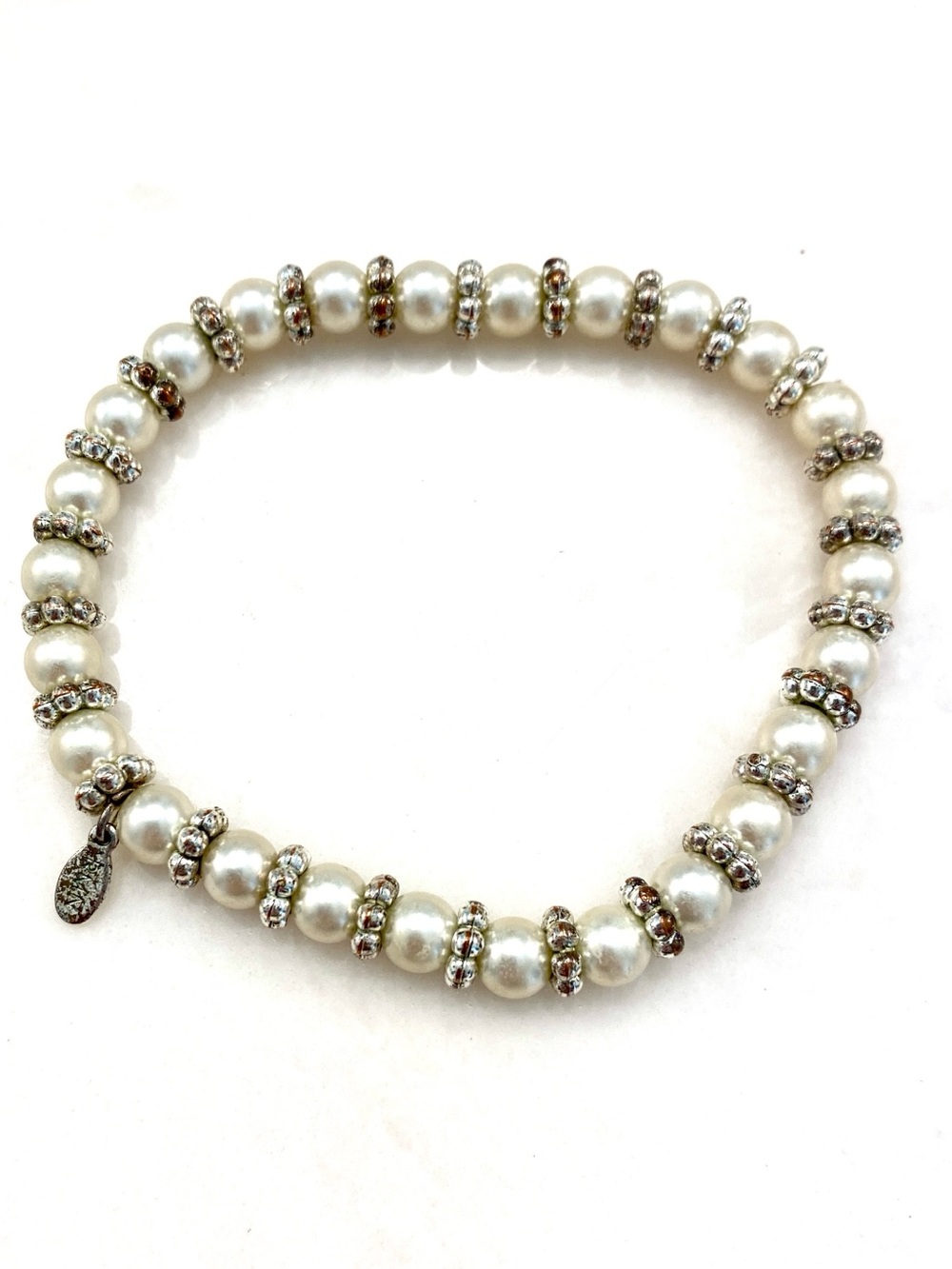 Vintage Pearl and Rhinestone Stretch Bracelet - White Pearls